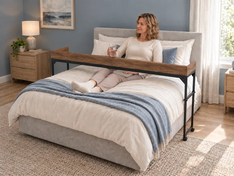 Vrouw rust rechtop op bed met een glas water in haar hand en haar benen op het dekbed, aan de DreamDesk in een lichte slaapkamer met blauwgrijze wand.