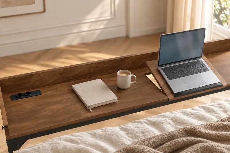 Laptop op het kanteldeel van de DreamDesk, met een notitieboek en kop op het vaste blad en de stroommodule links zichtbaar.