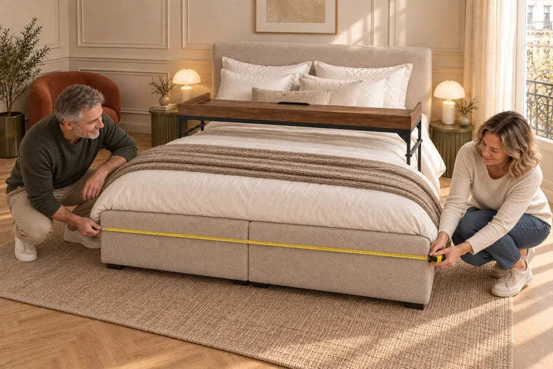 Twee mensen meten de buitenbreedte van de gestoffeerde bedombouw; de DreamDesk staat boven het bed.