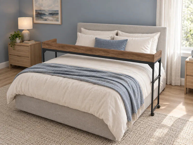 DreamDesk boven een hoger gestoffeerd bed in een lichte slaapkamer met blauwgrijze wand en natuurlijk daglicht.